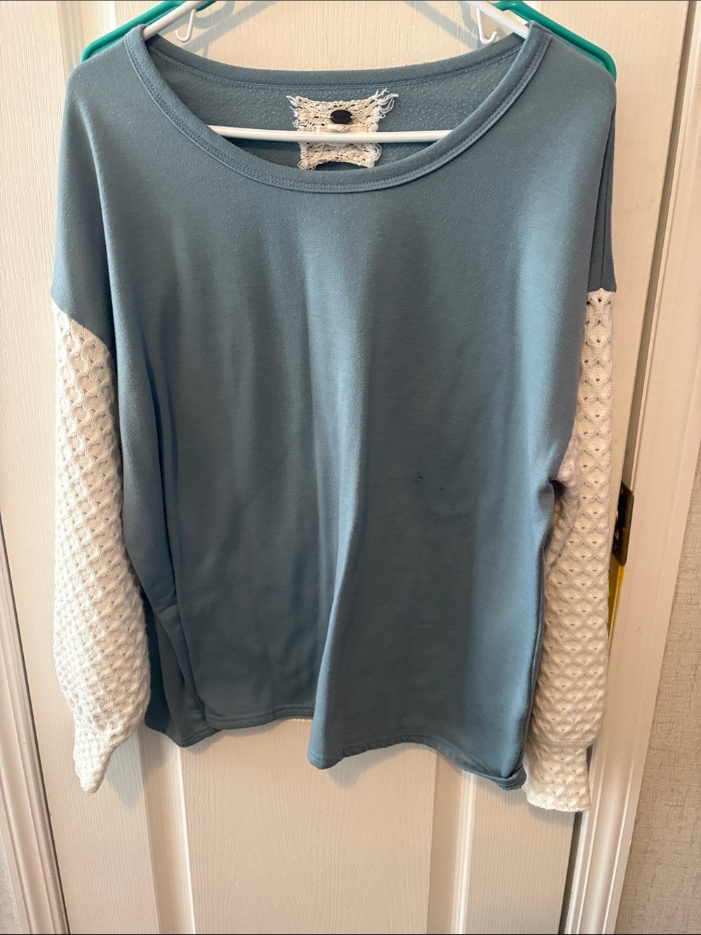 Cupio Blue Crewneck Pullover with Cream Waffle Sleeves